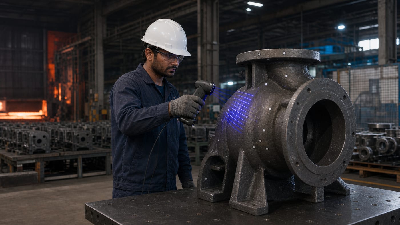 3D-scanning a cast pump housing with a Creaform HandySCAN blue-laser scanner